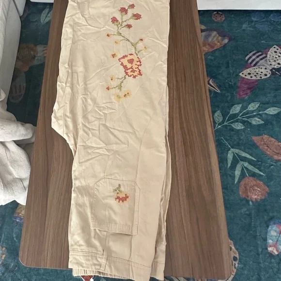 SHEIN Floral Embroidered Tan Wide-Leg Pants - Picture 6 of 7